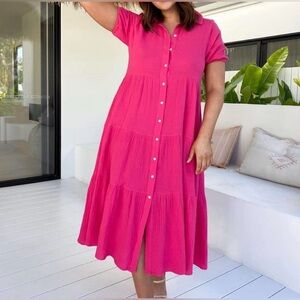 Petal & Pup WABASH Dress Hot Pink Tiered Button Front Maxi Midi Dress - Size 10